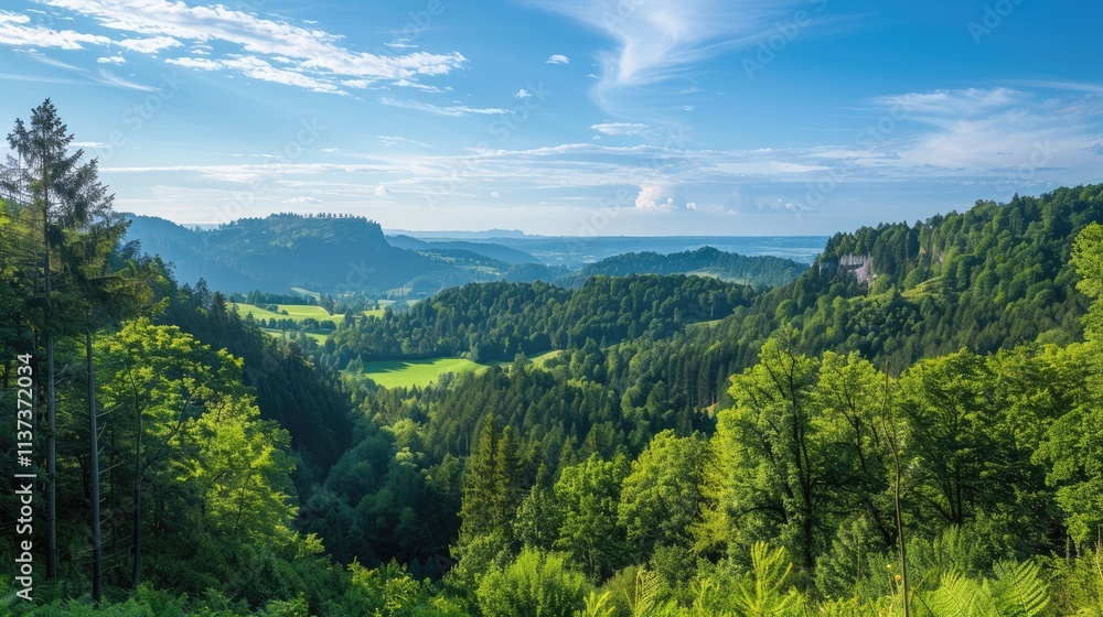 Obraz premium A serene view of the Swiss Jura Mountains, with dense forests, rolling hills, and clear blue skies