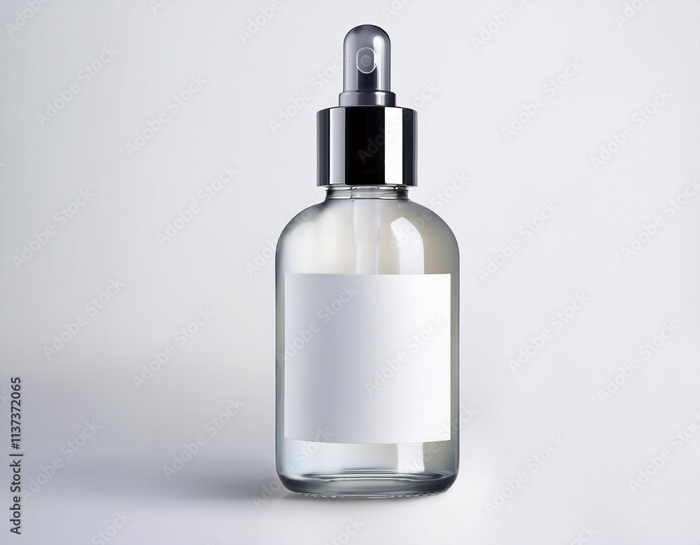 Fototapeta premium Glass bottle cosmetic rendering 3D software illustration with label and white color realistic texture