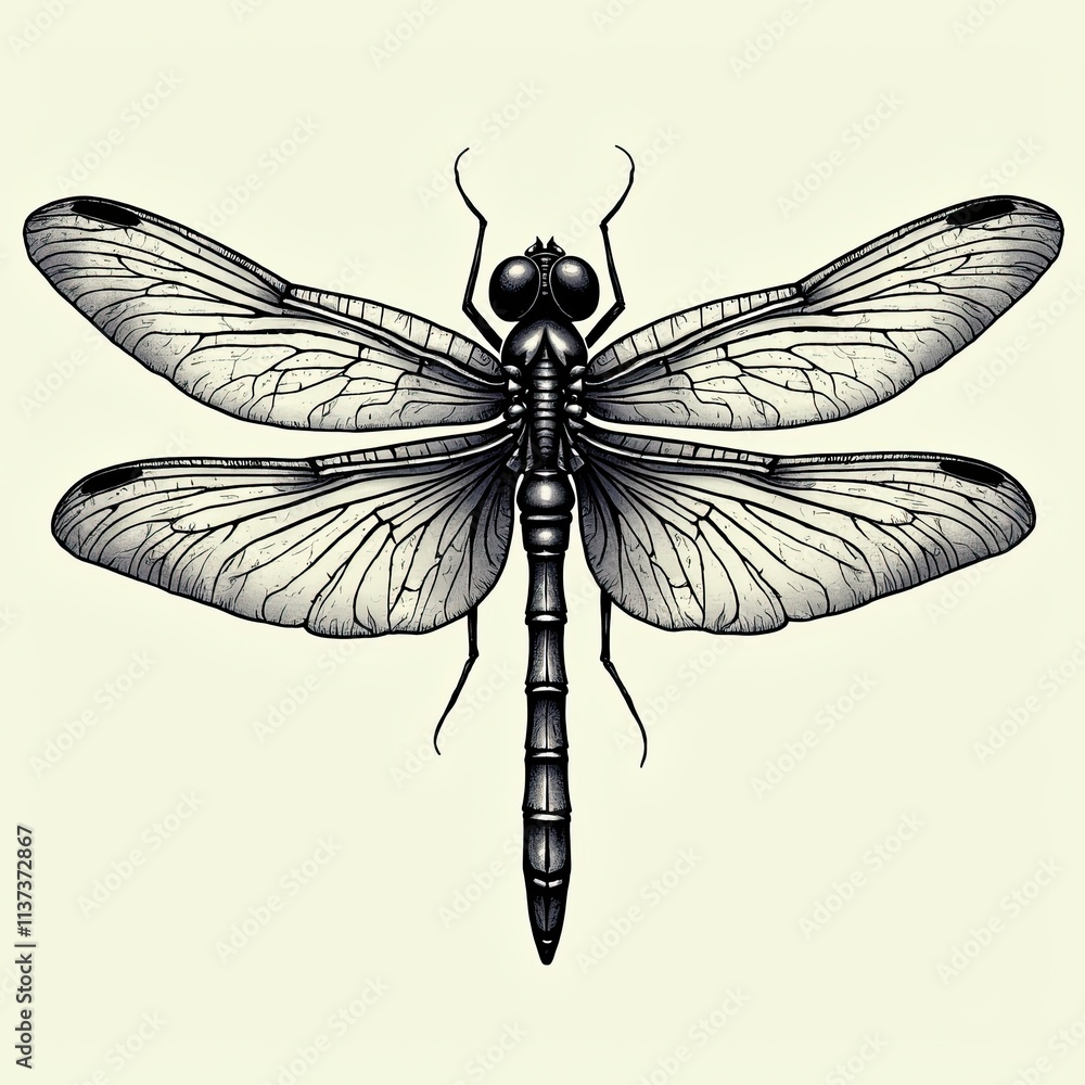 Ornate dragonfly with detailed wings, hand-drawn engraving for nature-themed wall decor. Ornate dragonfly with detailed wings, hand-drawn engraving for nature-themed wall decor.