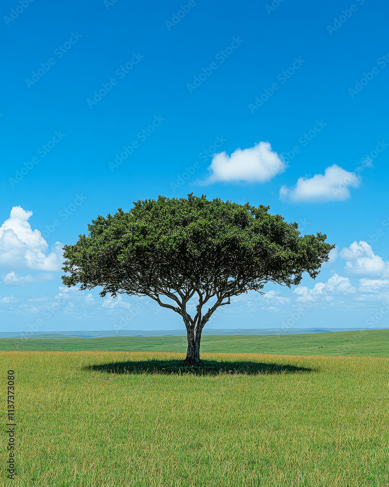 Lone tree stands tall in a vast green field under a bright blue sky Lone tree stands tall in a vast green field under a bright blue sky