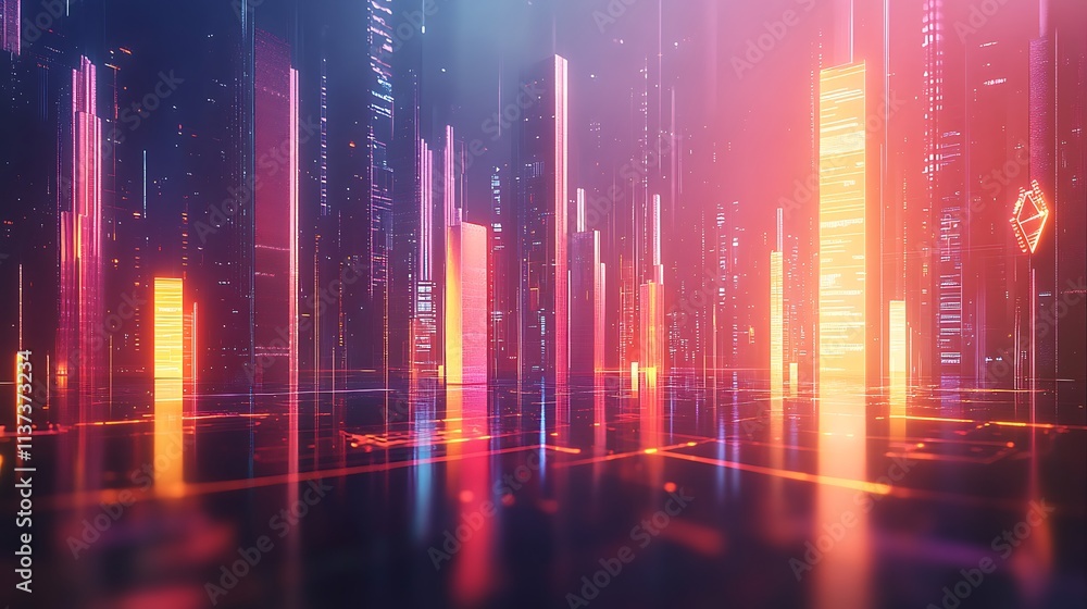 A hyper-realistic futuristic business graph with luminous ascending bars, glowing investment symbols floating nearby, surrounded by dynamic holographic light trails, A hyper-realistic futuristic business graph with luminous ascending bars, glowing investment symbols floating nearby, surrounded by dynamic holographic light trails,