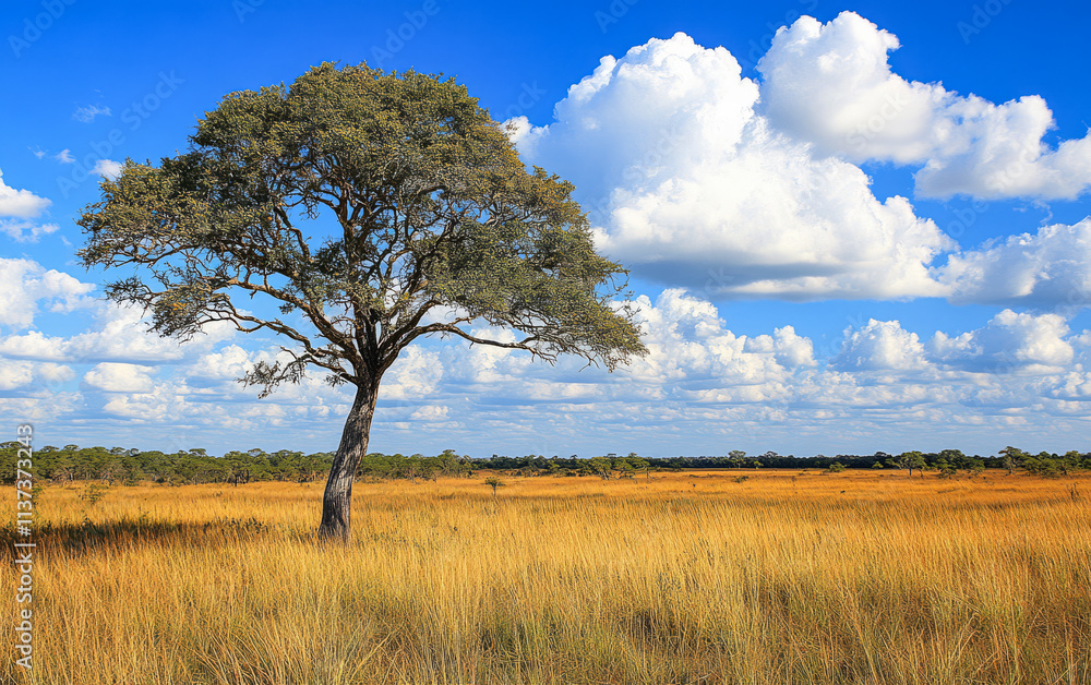Expansive savanna landscape with solitary tree contrasting against vibrant blue sky Expansive savanna landscape with solitary tree contrasting against vibrant blue sky