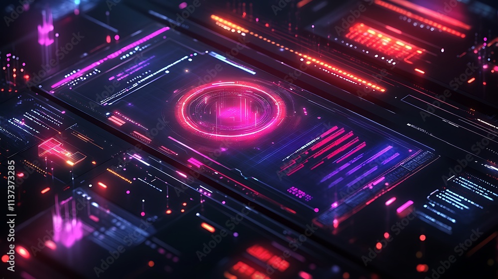 A hyper-realistic futuristic graph with holographic glowing data points, surrounded by intricate digital interface elements, vibrant neon accents, sharp textures, and a sleek modern sci-fi background. A hyper-realistic futuristic graph with holographic glowing data points, surrounded by intricate digital interface elements, vibrant neon accents, sharp textures, and a sleek modern sci-fi background.