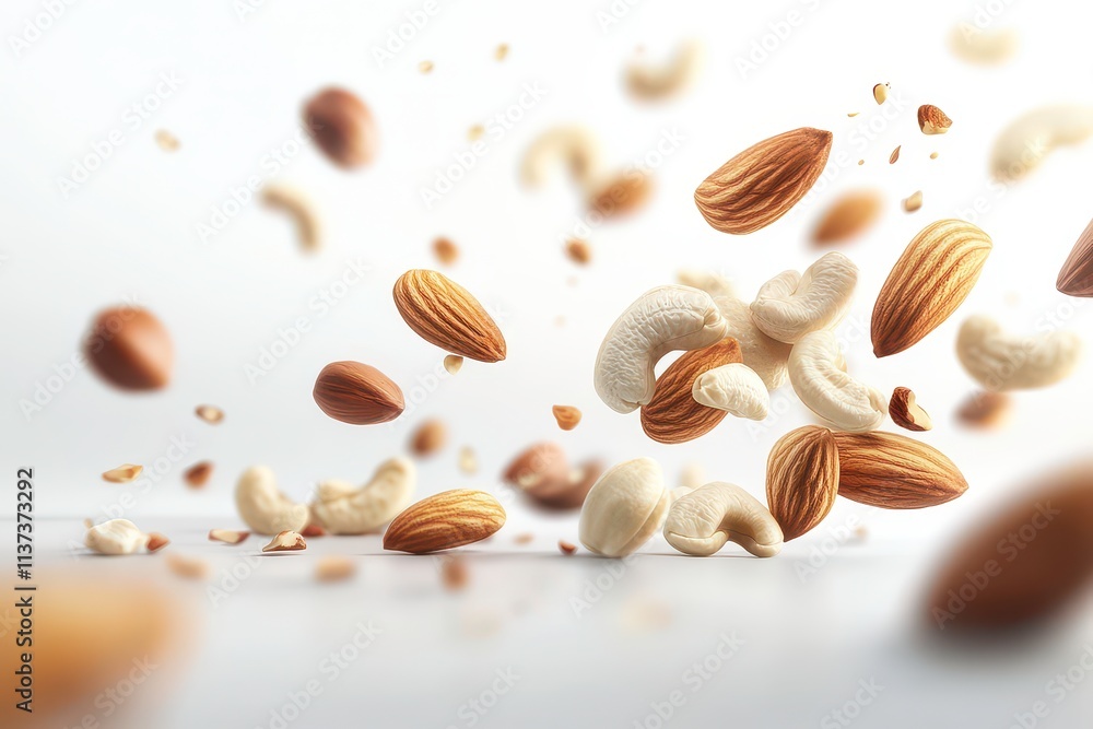 A dynamic arrangement of various nuts, showcasing their textures and forms in mid-air. A dynamic arrangement of various nuts, showcasing their textures and forms in mid-air.