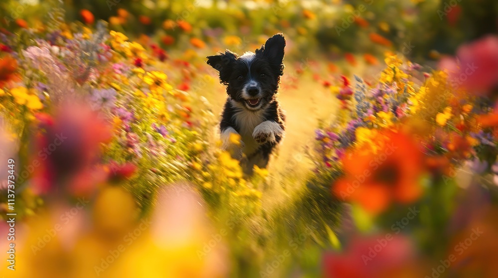 Puppy Running Through a Wildflower Meadow in Spring, A colorful, dynamic photo of a puppy frolicking in a field of blooming wildflowers. Puppy Running Through a Wildflower Meadow in Spring, A colorful, dynamic photo of a puppy frolicking in a field of blooming wildflowers.