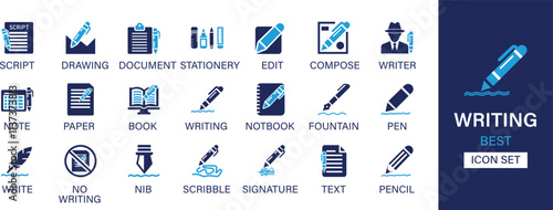 Writing icon set collection. Script, drawing, document, stationery, edit, compose, writer, note, paper, book, writing, fountain, pen and best solid icon set.