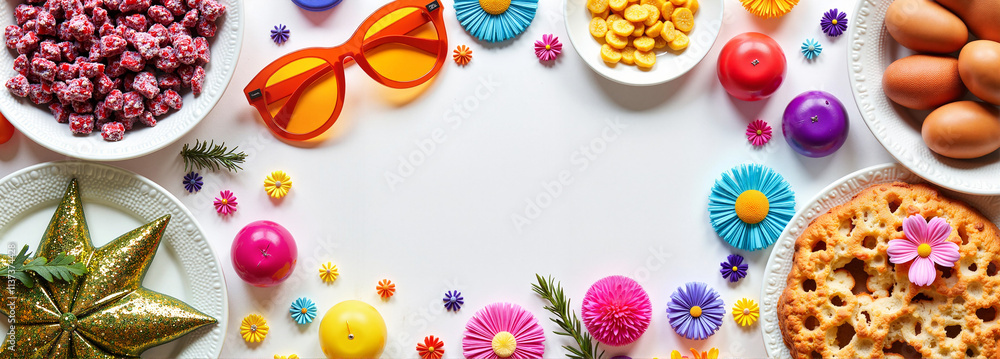 Purim Holiday Table with Colorful Sweets and Festive Decorations Purim Holiday Table with Colorful Sweets and Festive Decorations