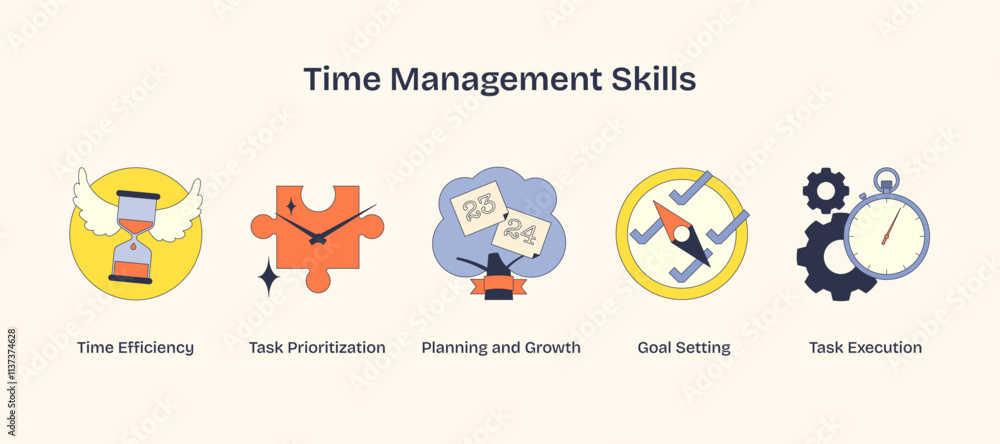 Time management skills depicted with icons like hourglass, puzzle, and stopwatch, symbolizing efficiency and planning. Neubrutalism style. Time management skills depicted with icons like hourglass, puzzle, and stopwatch, symbolizing efficiency and planning. Neubrutalism style.