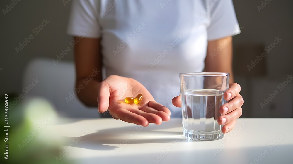Girl Holding Pill Capsule with Glass of Water: Painkiller, Medicine, and Healthcare Concept, painkiller, medicine, stomach pain, health care, vitamin, drug, glass of water,