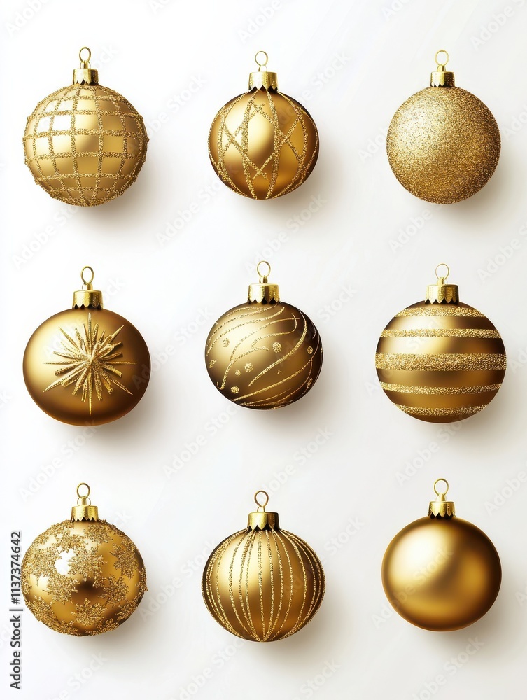 golden Christmas decorations on white background golden Christmas decorations on white background