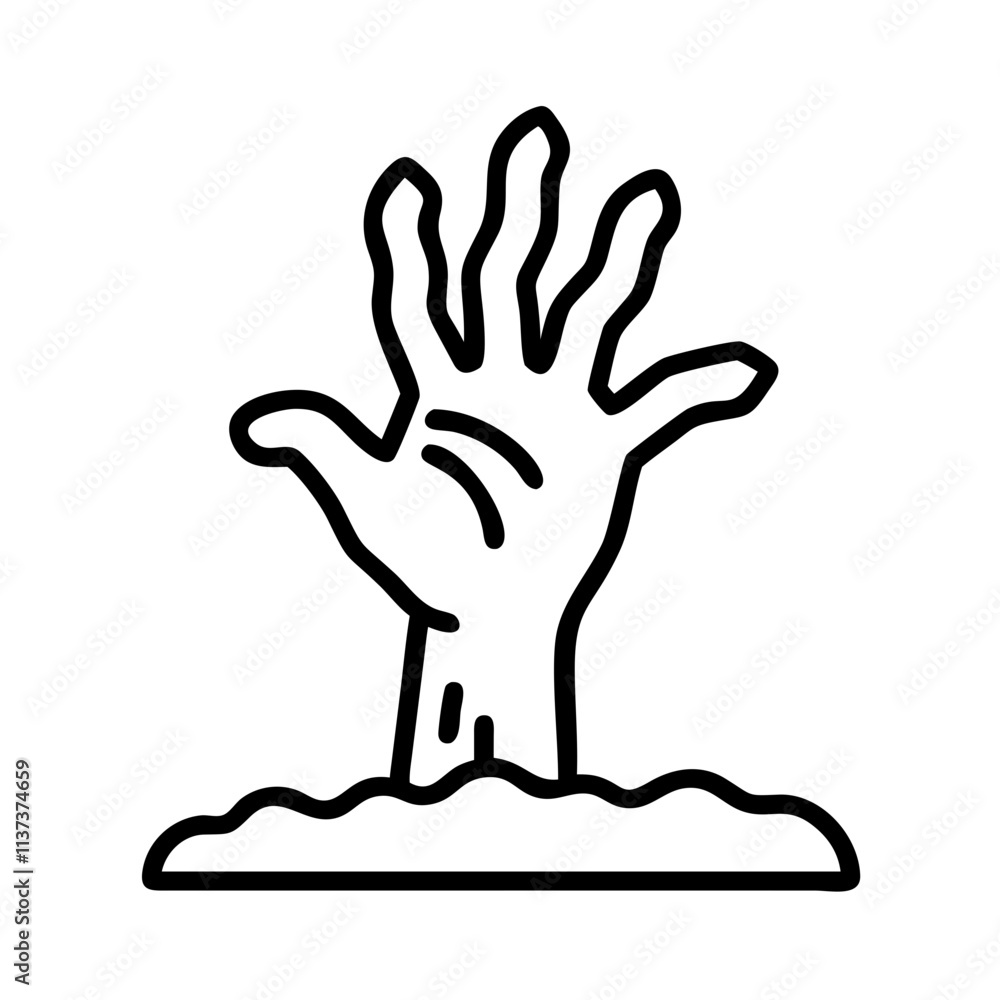 Obraz premium zombie hand rising from ground icon, halloween line art, halloween icon - simple black line art icon of zombie hand rising from ground, symbolizing topic celebrations. topic vector art.