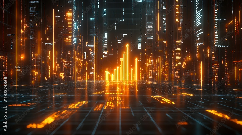 A luxurious 3D business chart with golden bars and glowing upward arrows, surrounded by stock market tickers and financial symbols, illuminated by dramatic neon lighting, A luxurious 3D business chart with golden bars and glowing upward arrows, surrounded by stock market tickers and financial symbols, illuminated by dramatic neon lighting,