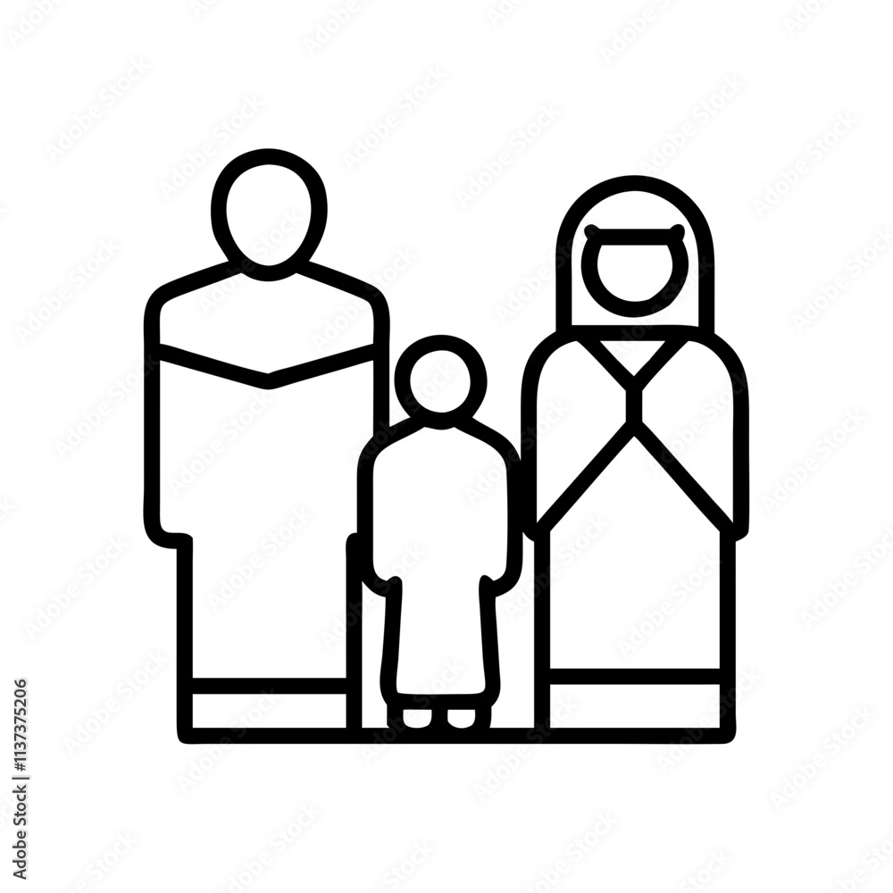 family preparing for hajj icon, hajj line art, hajj icon - simple black line art icon of family preparing for hajj, symbolizing Hajj celebrations. Hajj vector art. family preparing for hajj icon, hajj line art, hajj icon - simple black line art icon of family preparing for hajj, symbolizing Hajj celebrations. Hajj vector art.
