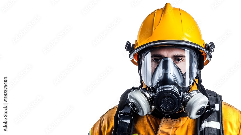 Professional firefighter in protective gear with gas mask and helmet, ready for emergency response in hazardous environments or fire incidents, showcasing safety equipment and readiness Professional firefighter in protective gear with gas mask and helmet, ready for emergency response in hazardous environments or fire incidents, showcasing safety equipment and readiness