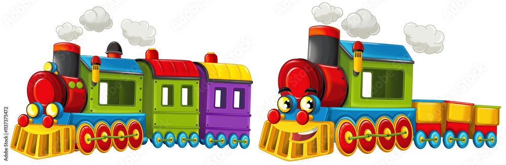 Φωτογραφία Cartoon funny set of looking steam train locomotive vehicle transportation isola