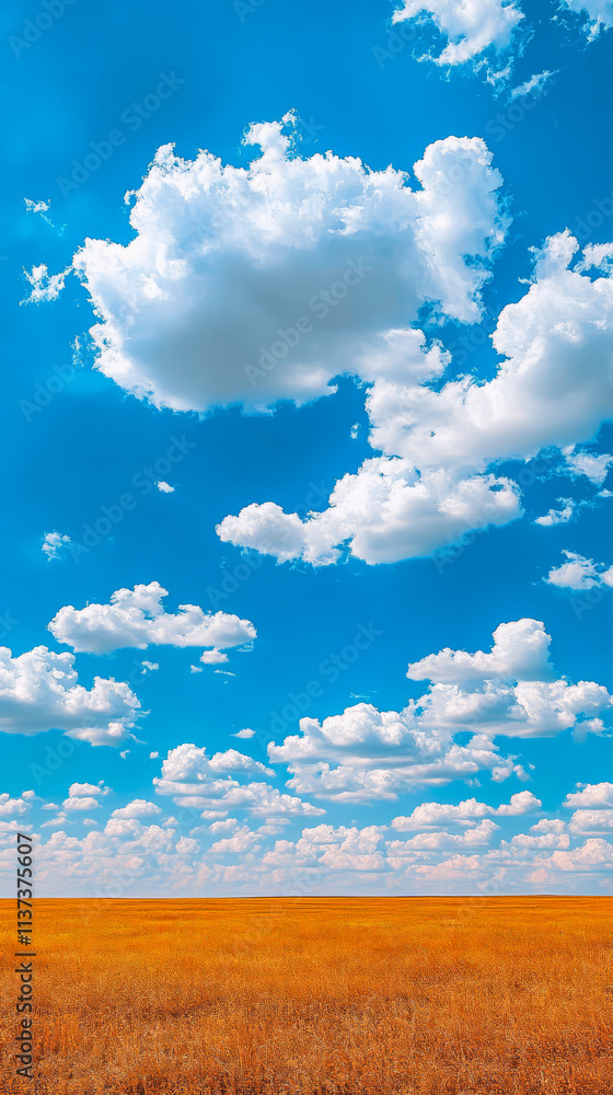 Vast blue sky adorned with fluffy clouds over golden grassland landscape during daylight Vast blue sky adorned with fluffy clouds over golden grassland landscape during daylight