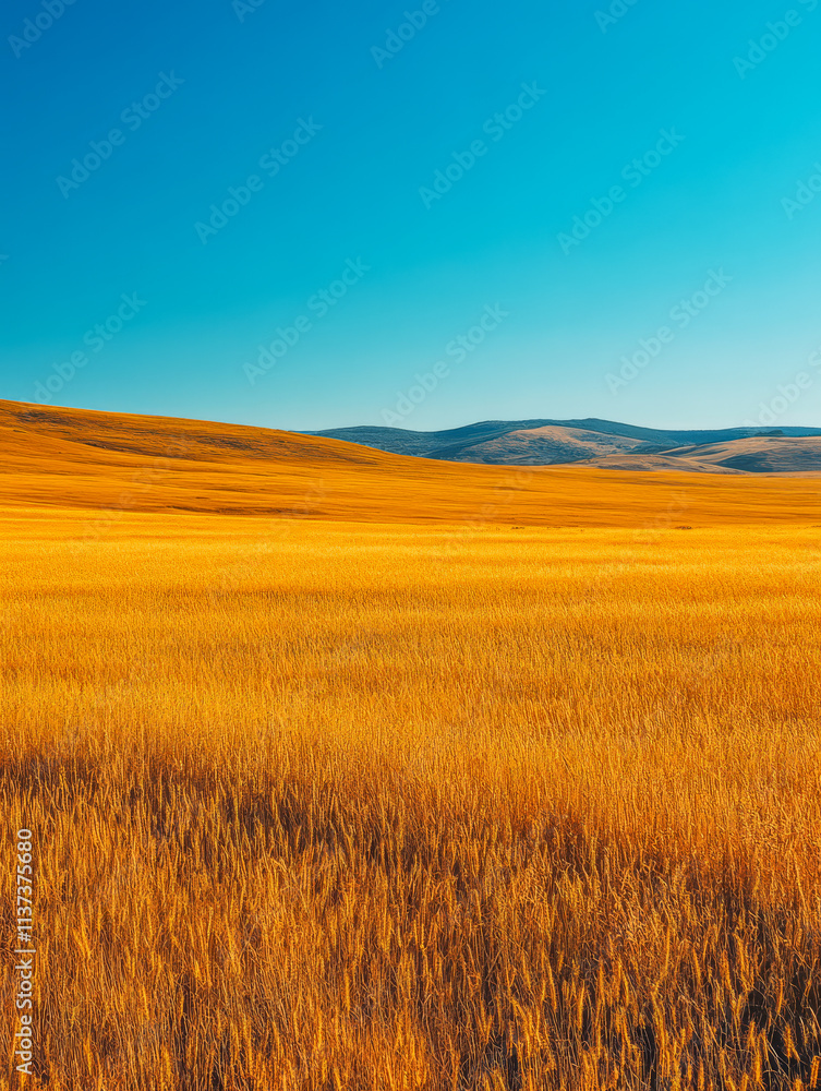 Obraz premium Golden wheat fields stretch across hills under a clear blue sky during the day
