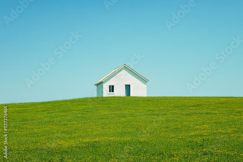 Simple white house stands alone on a green hill under a clear blue sky in bright daylight