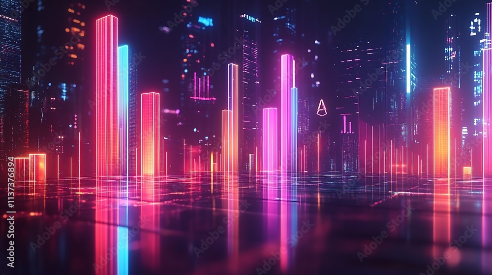 A sleek 3D business graph with glowing bars rising sharply, digital investment symbols illuminated in soft neon accents, A sleek 3D business graph with glowing bars rising sharply, digital investment symbols illuminated in soft neon accents,