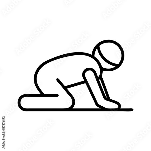 sujood prostration pose icon, hajj line art, hajj icon - simple black line art icon of sujood prostration pose, symbolizing Hajj celebrations. Hajj vector art.