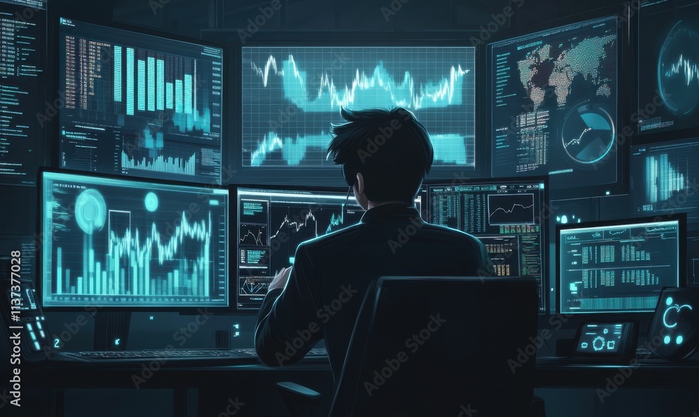 A person analyzes data on multiple screens in a tech-driven environment. A person analyzes data on multiple screens in a tech-driven environment.