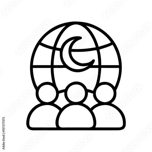 worldwide muslim community icon, hajj line art, hajj icon - simple black line art icon of worldwide muslim community, symbolizing Hajj celebrations. Hajj vector art.