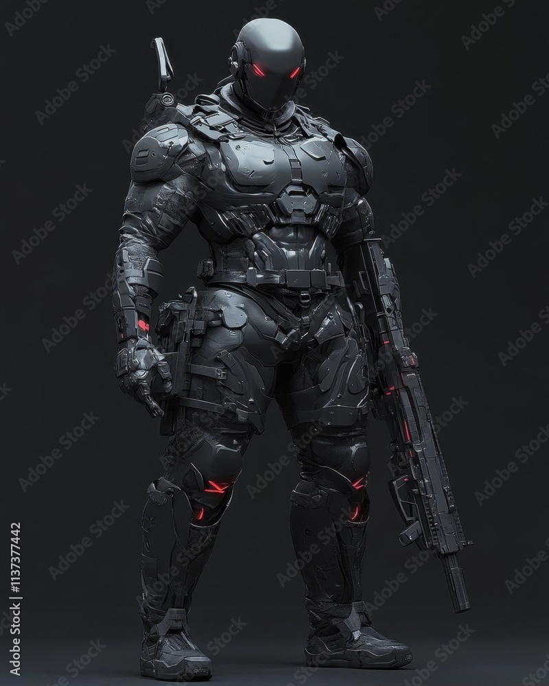 A futuristic armored soldier with a weapon, showcasing advanced design. A futuristic armored soldier with a weapon, showcasing advanced design.
