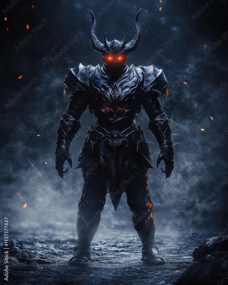 Fototapeta premium Dark armored figure with glowing eyes in a mystical environment.