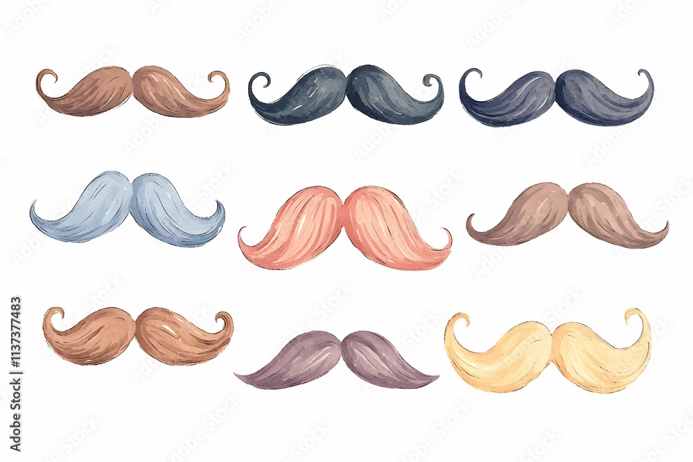 Colorful Collection of Hand-Painted Mustaches in Various Styles and Shapes for Creative Projects Colorful Collection of Hand-Painted Mustaches in Various Styles and Shapes for Creative Projects