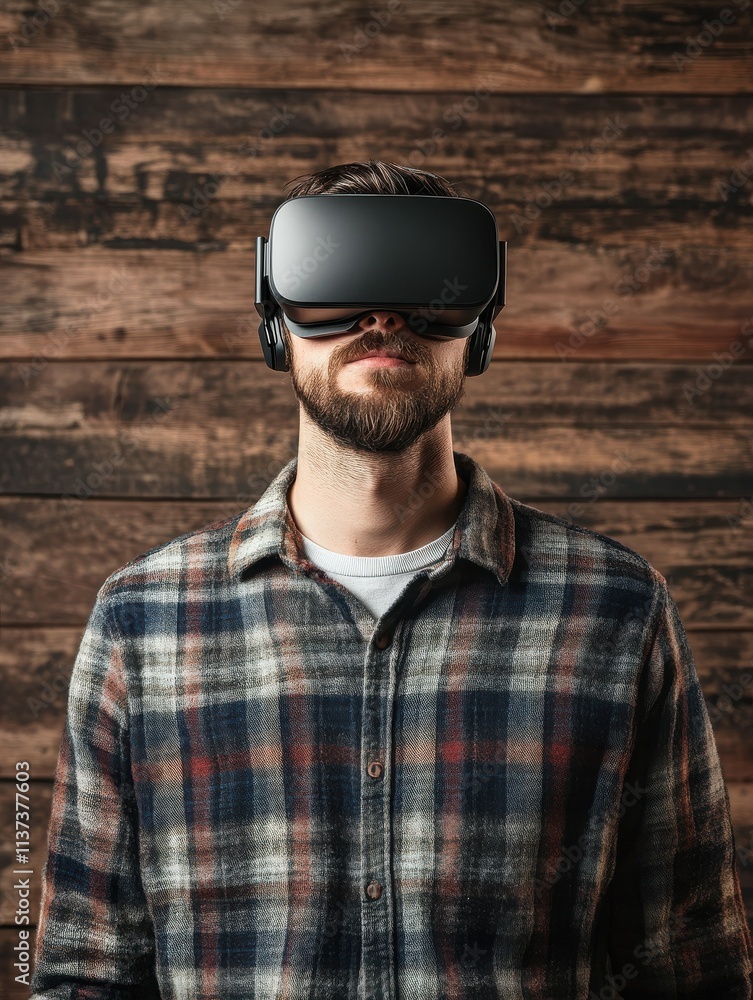 Man wearing virtual reality goggles. Studio shot, wooden background Man wearing virtual reality goggles. Studio shot, wooden background
