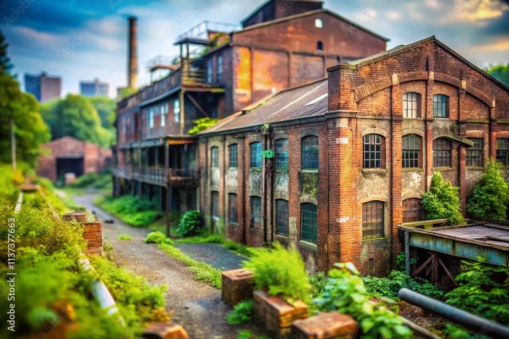 Abandoned Factory Exterior Tilt-Shift Photography: Miniature Industrial Ruins, Old Building, Decaying Structure, Rusty Metal, Urban Exploration
