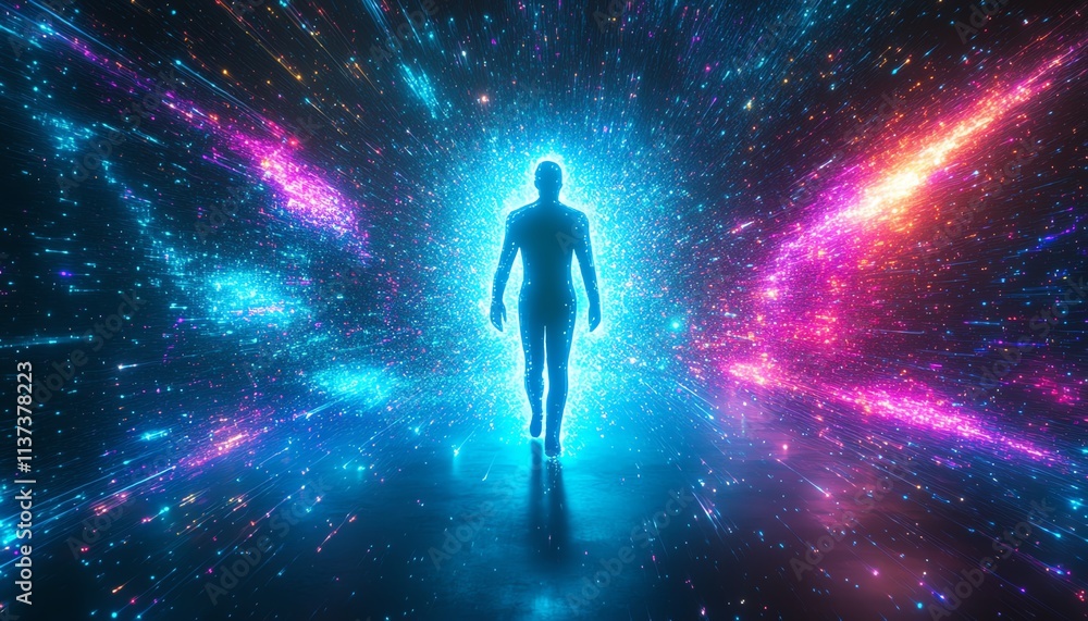 Abstract digital human silhouette surrounded by vibrant particles Abstract digital human silhouette surrounded by vibrant particles
