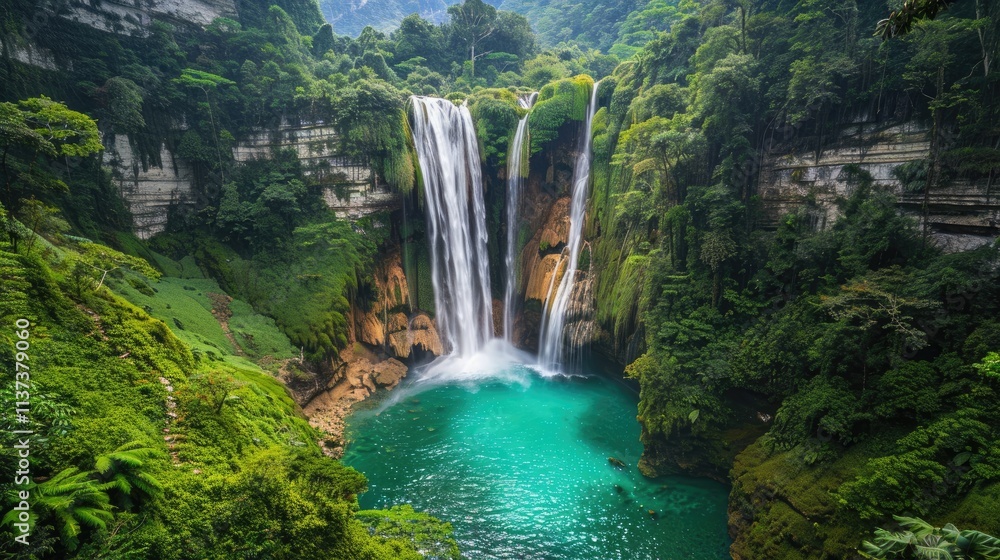 A stunning view of a waterfall cascading into a turquoise pool, surrounded by lush green vegetation A stunning view of a waterfall cascading into a turquoise pool, surrounded by lush green vegetation