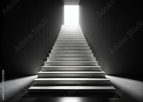 Abstract 3D Illustration of Descending White Stairs in a Black Room with High Depth of Field  Evoking Depth and Mystery in a Monochromatic Setting