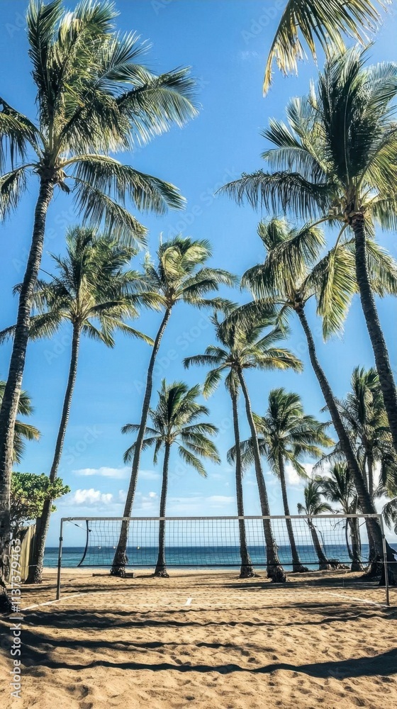 A sunny beach scene with palm trees and a volleyball net. A sunny beach scene with palm trees and a volleyball net.