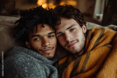 Two men wrapped up in blankets by a campfire, sharing stories under a starry sky.