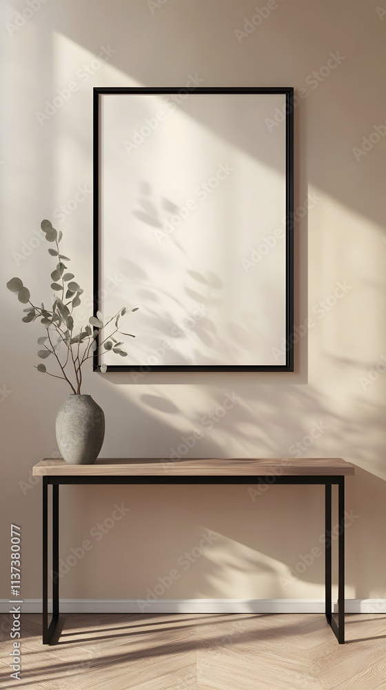 Fototapeta premium Minimalist interior design with a console table and blank frame