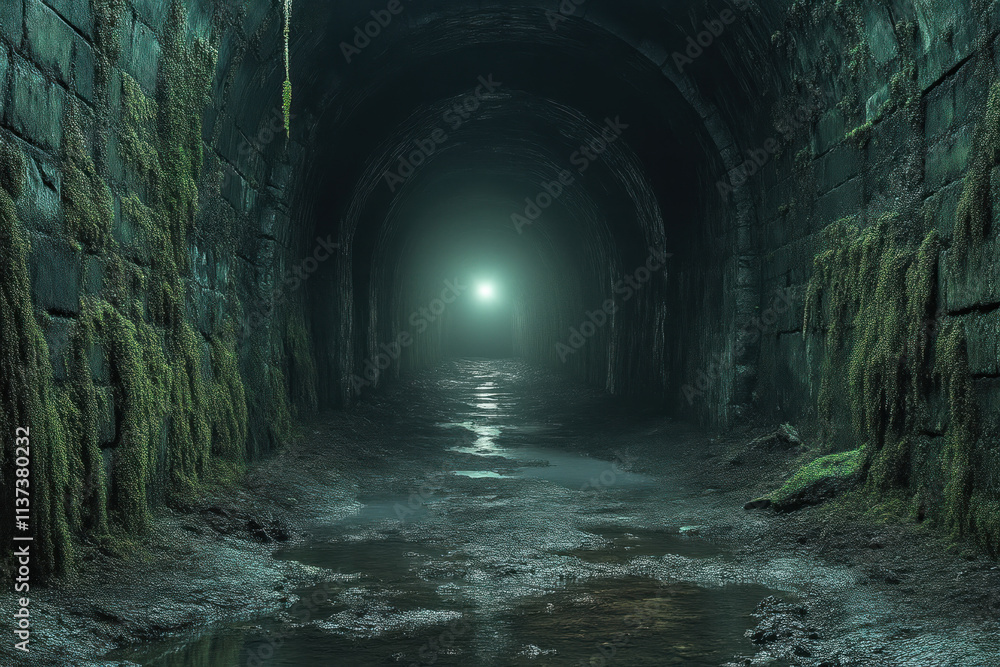 Naklejka premium Dark mossy abandoned tunnel with light at end.