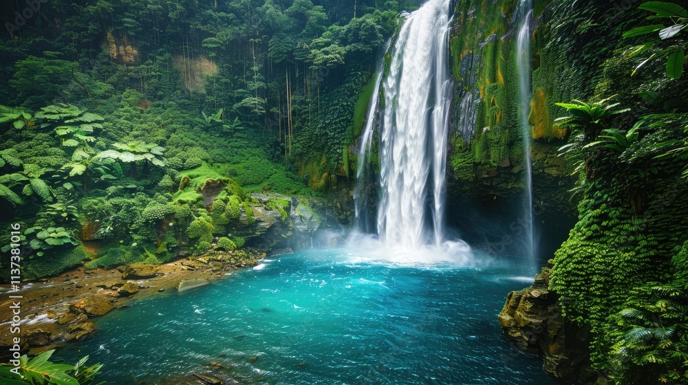 Fototapeta premium A stunning view of a waterfall cascading into a turquoise pool, surrounded by lush green vegetation
