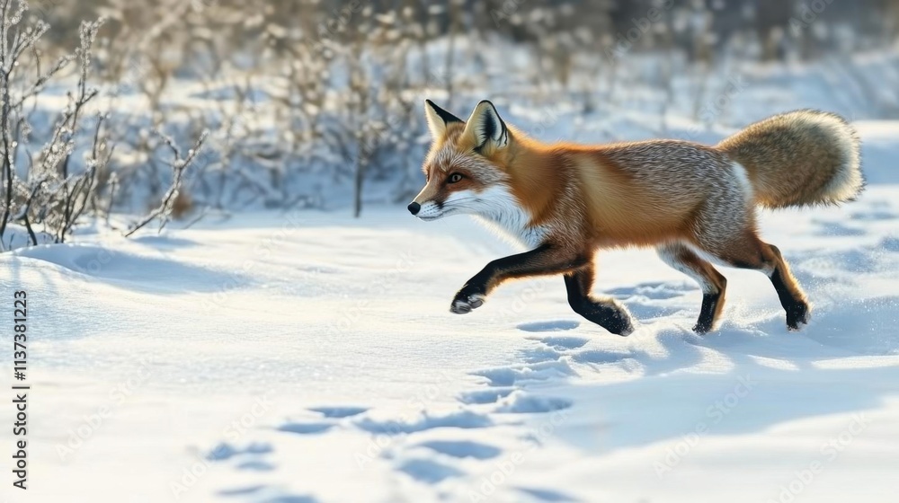 Obraz premium A red fox gracefully traverses a snowy landscape, leaving paw prints behind.