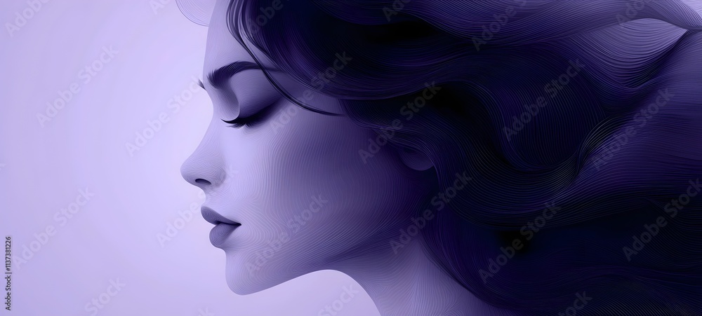 A serene profile of a young woman with long, flowing hair, depicted in soft purple tones, creating a tranquil and dreamy atmosphere. A serene profile of a young woman with long, flowing hair, depicted in soft purple tones, creating a tranquil and dreamy atmosphere.