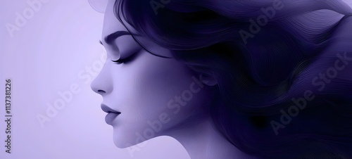 A serene profile of a young woman with long, flowing hair, depicted in soft purple tones, creating a tranquil and dreamy atmosphere.