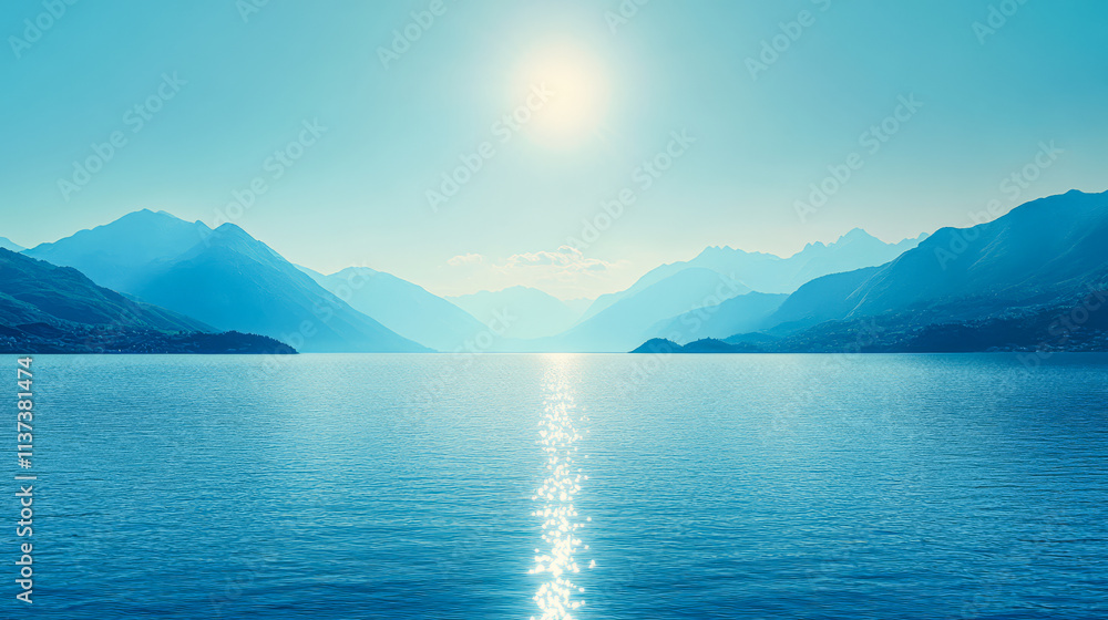 Serene lake view with mountains and sun reflection during a clear day Serene lake view with mountains and sun reflection during a clear day