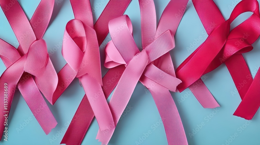Pink ribbons arranged on a blue background, symbolizing awareness. Pink ribbons arranged on a blue background, symbolizing awareness.