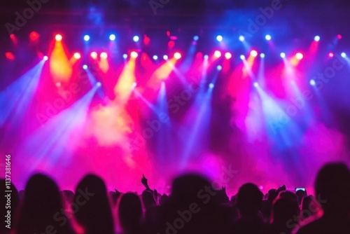 Vibrant concert scene with colorful lights and audience silhouettes.