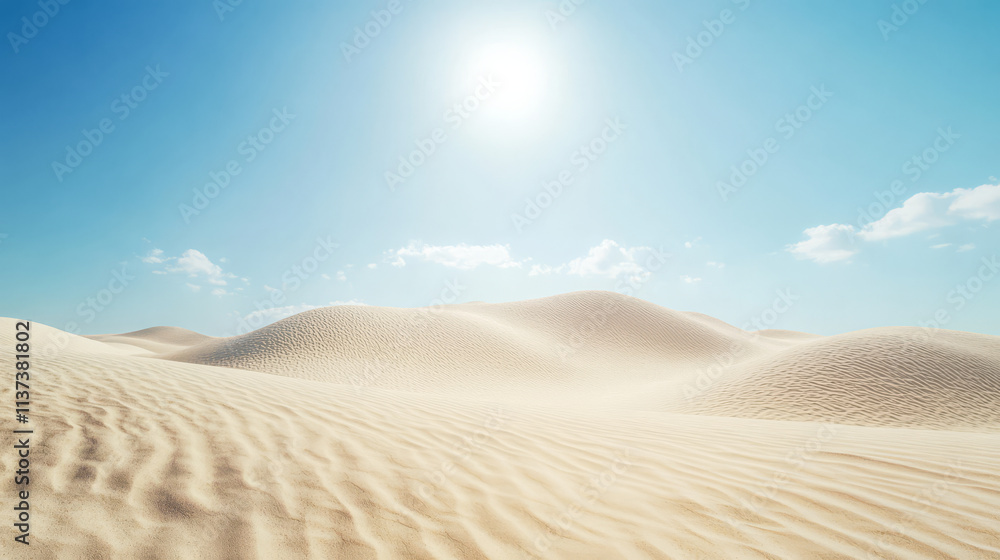 Naklejka premium Bright sunlight illuminates vast sand dunes under a clear blue sky in the desert
