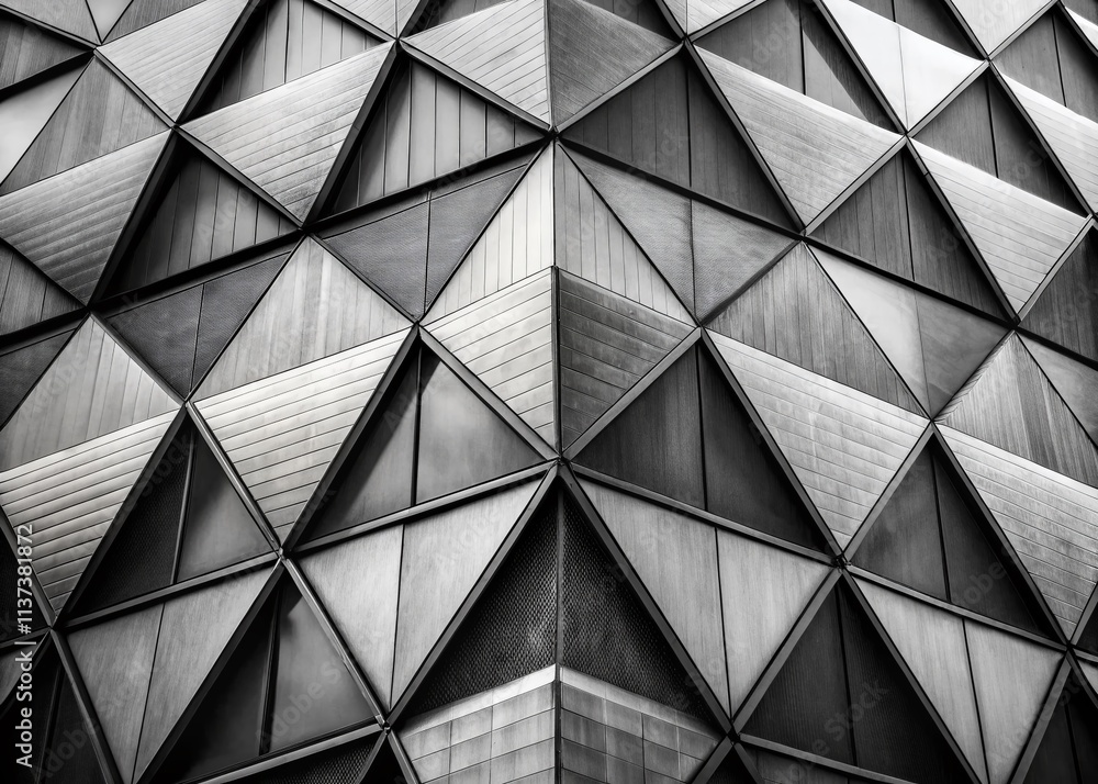 Abstract Geometric Architecture: Black and White Triangular Polygon Design, Gray Layers, Textured Walls Abstract Geometric Architecture: Black and White Triangular Polygon Design, Gray Layers, Textured Walls