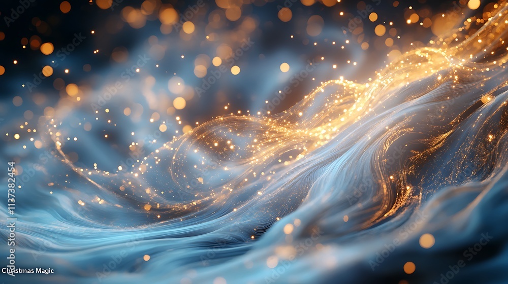 Christmas Magic in ethereal, glowing script, sparkling swirls of golden light weaving through, twilight blue background with shimmering starry accents and a festive ambiance. --ar 16:9 Christmas Magic in ethereal, glowing script, sparkling swirls of golden light weaving through, twilight blue background with shimmering starry accents and a festive ambiance. --ar 16:9