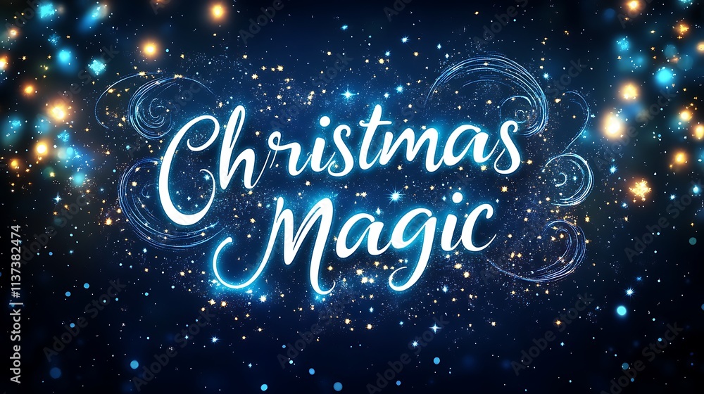 Christmas Magic in ethereal, glowing white text, sparkling light trails forming whimsical swirls, twilight blue background with scattered starry lights and a serene winter vibe. --ar 16:9 Christmas Magic in ethereal, glowing white text, sparkling light trails forming whimsical swirls, twilight blue background with scattered starry lights and a serene winter vibe. --ar 16:9