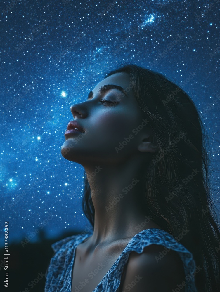 Young beautiful woman in starry night. cosmic theme. Tomna park. Israel